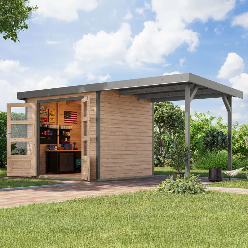 Holz Gartenhaus Anbaudach 2,35 m, nordische Fichte naturbelassen/graualuminium, Trapezblechdach 2,38 × 2,13 m, Zylinderschloss mit Doppelflügeltür