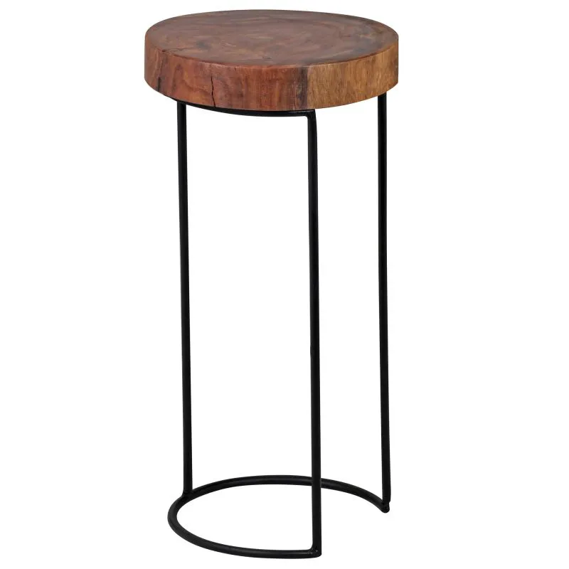 Extravagante Beistelltisch aus Sheesham Massivholz, Farbe: Sheesham / Schwarz - Abmessungen: 55 x 28 x 28 cm (H x B x T), Tischplatte in Baumstammform