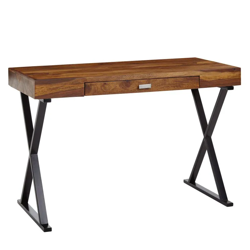 Schreibtisch aus Sheesham Massivholz, Farbe: Sheesham / Metall Schwarz- Abmessungen: 78 x 120 x 55 cm (H x B x T) mit Schublade
