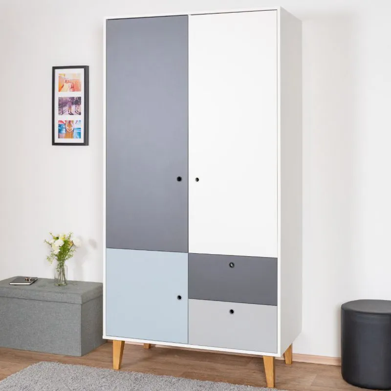 Jugendzimmer - Drehtürenschrank / Kleiderschrank Syrina 04, Farbe: Weiß / Grau / Blau - Abmessungen: 202 x 104 x 55 cm (H x B x T)