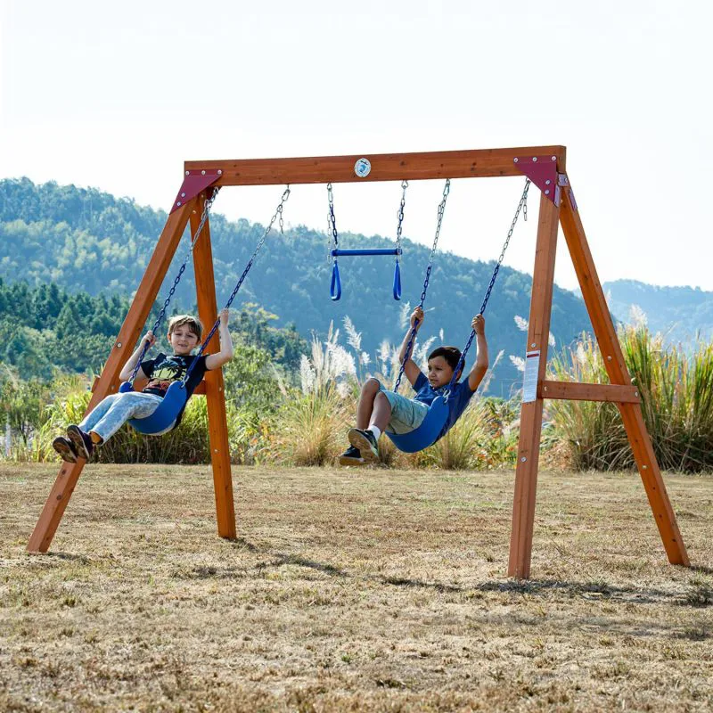 Spielturm KidsFun | Doppelschaukel und Turntrapez mit Ringen | 299 x 180 x 208 cm | 7 Bohrlöcher für diverse Schaukeltypen | klemmfreie Ketten