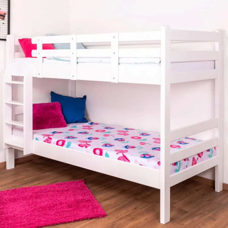 Doppelstockbett für Mädchen und Jungen 90 x 200 cm | umbaubar in zwei Einzelbetten | Massivholz: Buche | Weiß Lackiert | inkl. Rollroste Abbildung