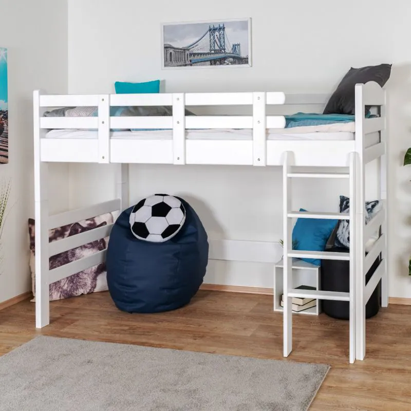 Hochbett 90 x 190 cm | Massivholz: Buche | Weiß Lackiert | umbaubar in Einzelbett | Premium-Qualität | inkl. Rollrost Abbildung