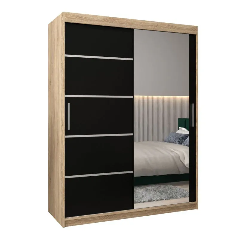 150 cm breiter Schiebetürenschrank mit 2 Türen | 5 Fächer | 2 Kleiderstangen | Farbe: Sonoma Eiche Abbildung