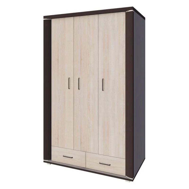 Kleiderschrank | 3 Drehtüren | 2 Schublade | 5 Fächer | mit Kleiderstange | 120 cm breit | Farbe: Sonoma Eiche Abbildung