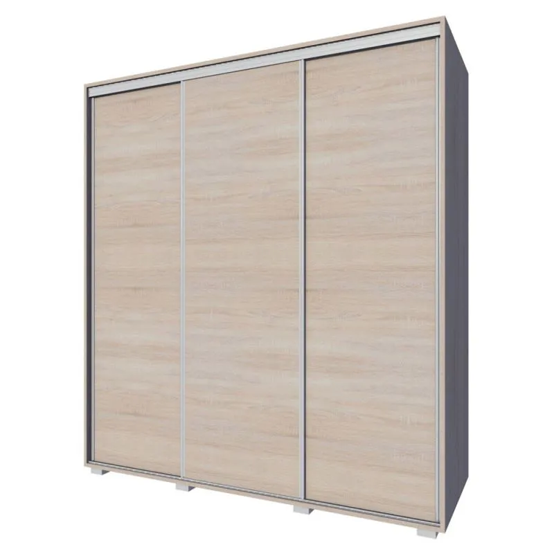 Kleiderschrank | 3 Schiebetüren | 3 Schubladen | 6 Fächer | mit 2 Kleiderstangen | 180 cm breit | Farbe: Sonoma Eiche Abbildung