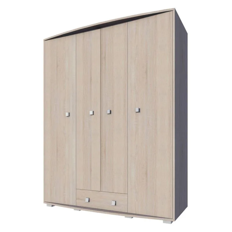 Kleiderschrank | 4 Drehtüren | 1 Schublade | 6 Fächer | mit 2 Kleiderstangen | 165 cm breit | Farbe: Sonoma Eiche Abbildung