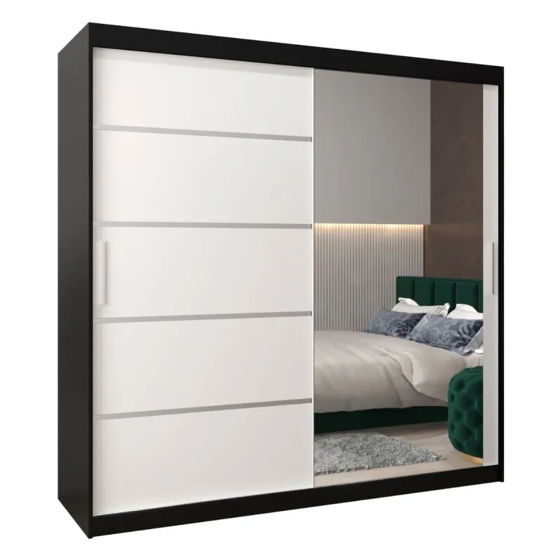 200 cm breiter Schiebetürenschrank mit 2 Türen | 10 Fächer | 2 Kleiderstangen | Farbe: Weiß / Schwarz Abbildung