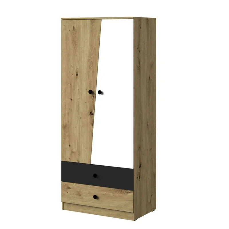 80 cm breiter Kleiderschrank mit 2 Türen, 4 Fächern und 2 Schubladen | Farbe: Eiche | Tiefe: 50 cm Abbildung