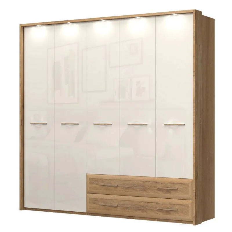 272 cm breiter Kleiderschrank mit 5 Türen, 5 Fächern und 2 Schubladen | Farbe: Beige | Tiefe: 56 cm Abbildung