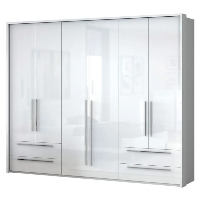 Großer Kleiderschrank | 6 Drehtüren | 4 Schubladen | 5 Fächer | mit 3 Kleiderstangen | 277 cm breit | Farbe: Weiß Abbildung