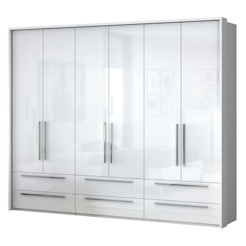 Kleiderschrank | 6 Drehtüren | 6 Schubladen | 3 Fächer | mit 3 Kleiderstangen | 277 cm breit | Farbe: Weiß Abbildung