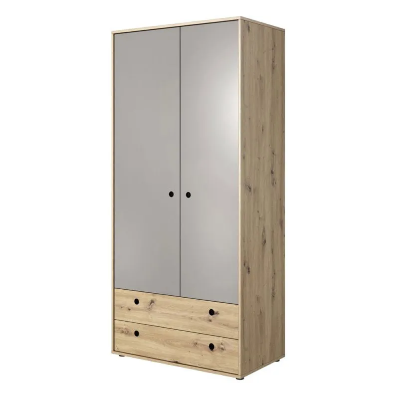 Kleiderschrank | 2 Drehtüren | 2 Schubladen | 1 Fach | mit Kleiderstange | 90 cm breit | Farbe: Eiche Abbildung