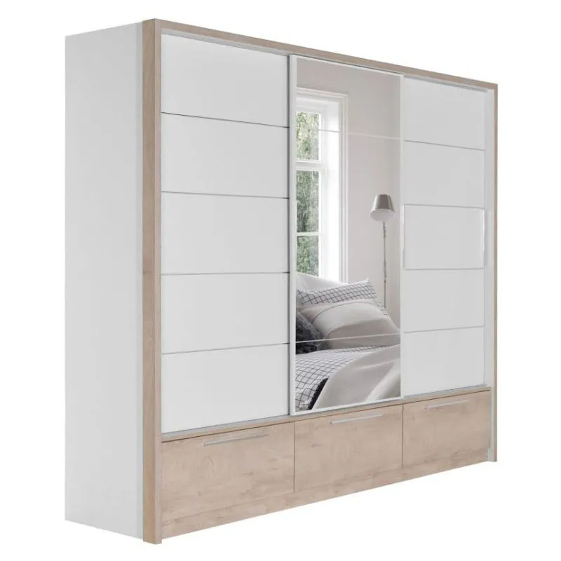 Großer 269 cm breiter Kleiderschrank mit 3 Türen, 6 Fächern und 3 Schubladen | Farbe: Eiche / Weiß | Tiefe: 64 cm Abbildung