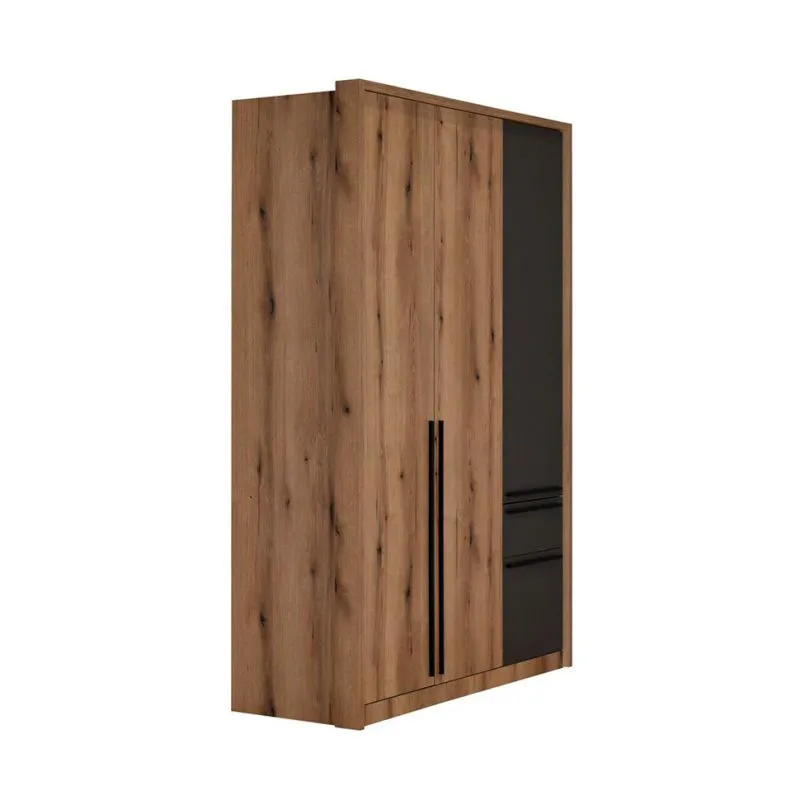 147 cm breiter Kleiderschrank mit 3 Türen, 4 Fächern und 2 Schubladen | Farbe: Eiche | Tiefe: 56 cm Abbildung