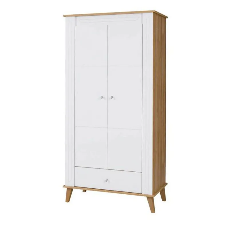 Kleiderschrank | 2 Drehtüren | 1 Schublade | 1 Fach | mit Kleiderstange | 94 cm breit | Farbe: Eiche / Weiß Abbildung