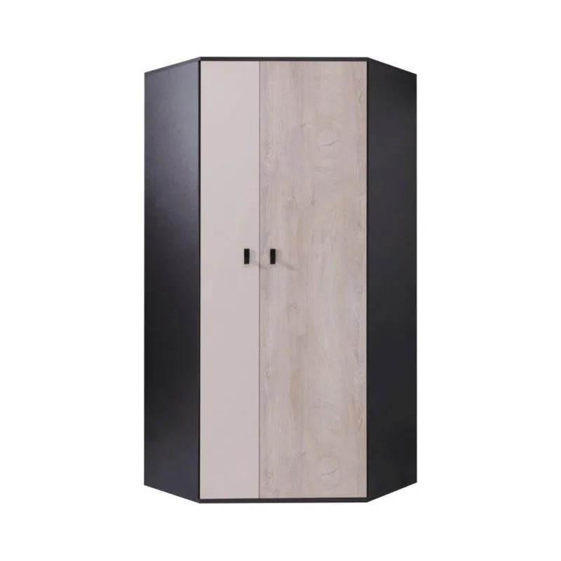 Jugendzimmer - Eckschrank, Farbe: Eiche / Creme / Schwarz - Abmessungen: 190 x 90 x 90 cm (H x B x T) Abbildung