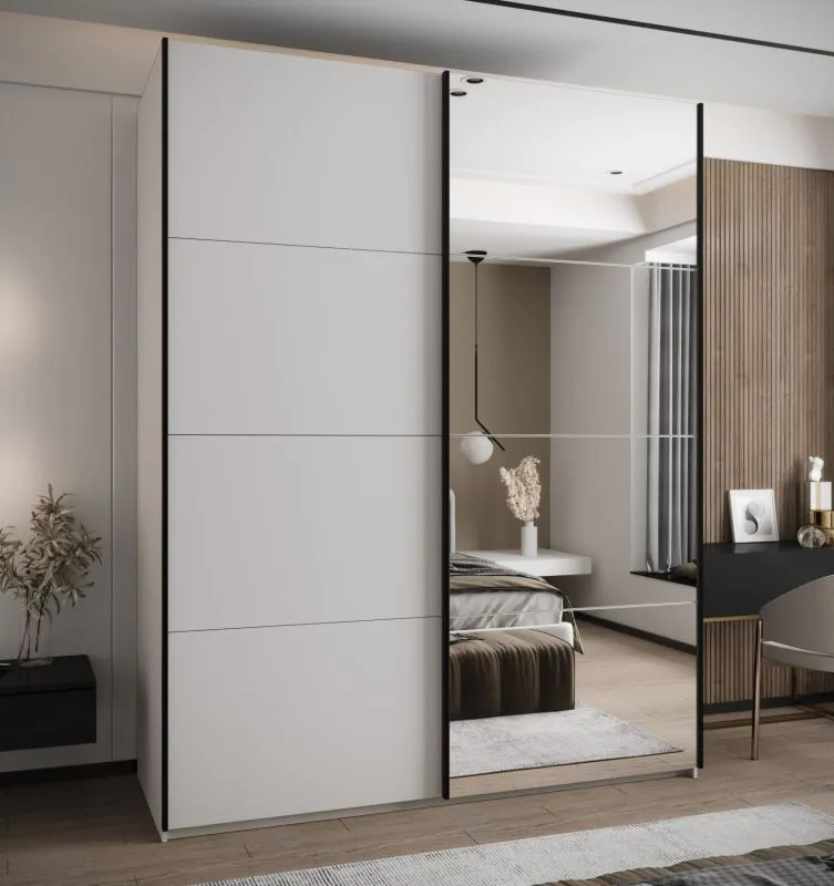 Kleiderschrank / Schiebetürenschrank | Spiegel | 245,5 x 200 x 64 cm | Soft-Close-Funktion | 2 Kleiderstangen | 2 Schiebetüren | 11 Fächer | Farbe: Weiß