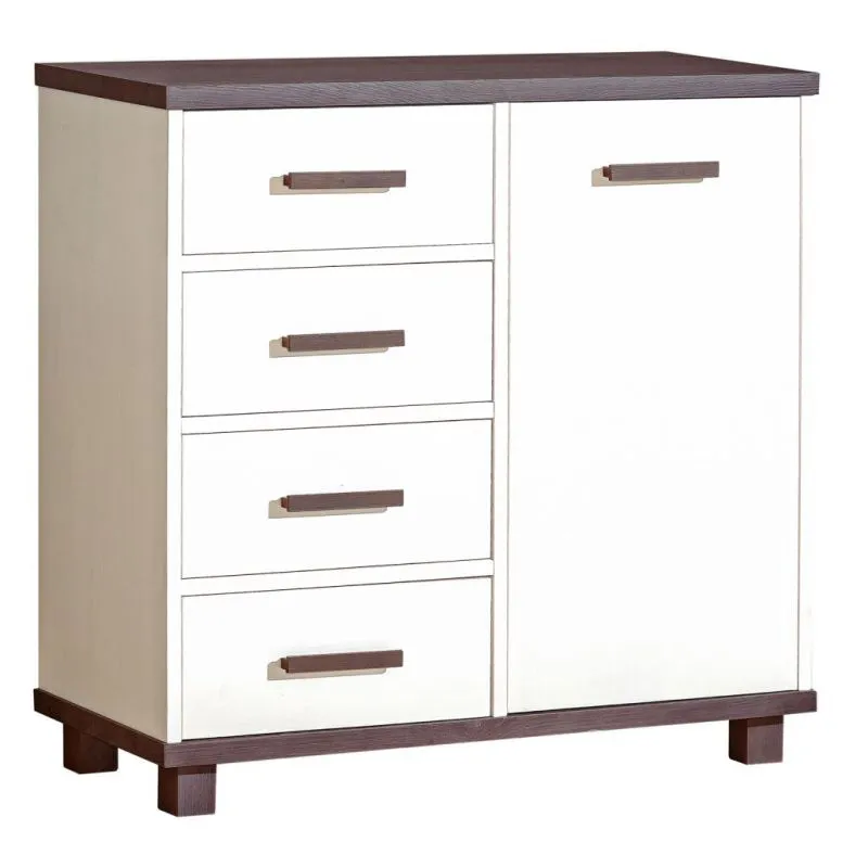 Jugendzimmer - Kommode Hermann 05, Farbe: Weiß gebleicht / Braun, teilmassiv - 91 x 94 x 40 cm (H x B x T)