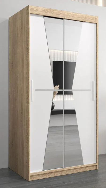 1 Meter breiter Kleiderschrank mit 2 Türen | Farbe: Sonoma Eiche / Weiß Abbildung