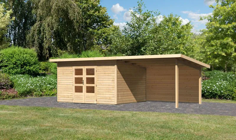 Gartenhaus SET naturbelassen mit Anbaudach 3,3 m Breite, Rückwand, Grundfläche: 9,3m²