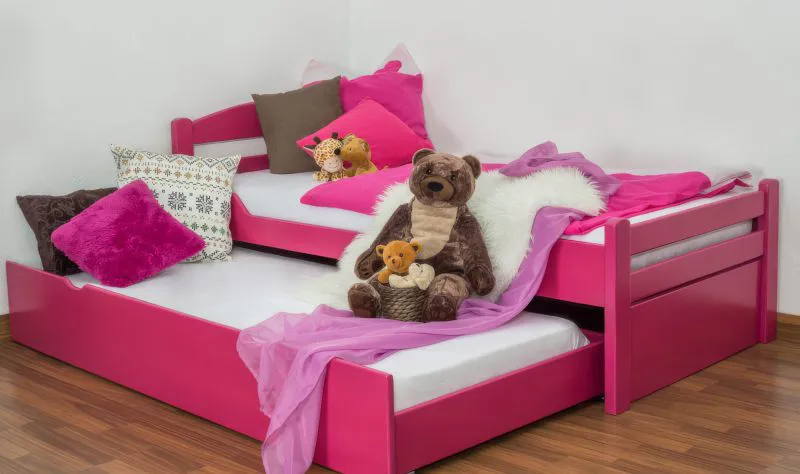 Kinderbett / Jugendbett "Easy Premium Line" K1/2h inkl. 2. Liegeplatz und 2 Abdeckblenden, 90 x 200 cm Buche Vollholz massiv rosa lackiert