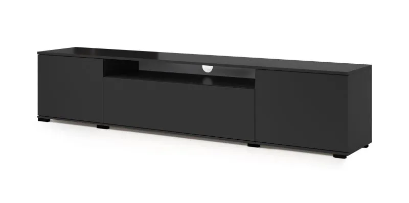 TV-Schrank / TV-Möbel mit vier Fächer Zapopan 116, Farbe: Schwarz, Maße: 42 x 180 x 40 cm, ein Kabelloch, Push-to-open Funktion, stabil und robust