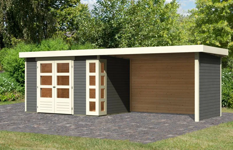 Gartenhaus SET terragrau mit Schleppdach 2,8 m Breite, Seiten- und Rückwand, Grundfläche: 6,35m²