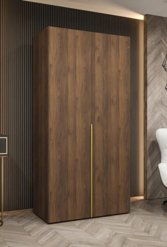 Kleiderschrank mit einer Kleiderstange | Farbe: Walnuss | 1 Meter breit | ein Fach | zwei Türen | Soft-Close-Funktion | Griffe: Gold | für Schlafzimmer