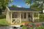 Ferienhaus F43-1 mit überdachter Terrasse & Geländer | 18,73 m² | 70 mm Blockbohlen | Naturbelassen | mit steilem Satteldach