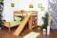 Doppelstockbett L-Form 90 x 200 cm | Buche massiv | natur lackiert | mit Regal und Rutsche | inkl. Rollrost | teilbar Abbildung