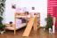 Doppelstockbett L-Form 90 x 200 cm | Buche massiv | natur lackiert | mit Regal und Rutsche | inkl. Rollrost | teilbar Abbildung