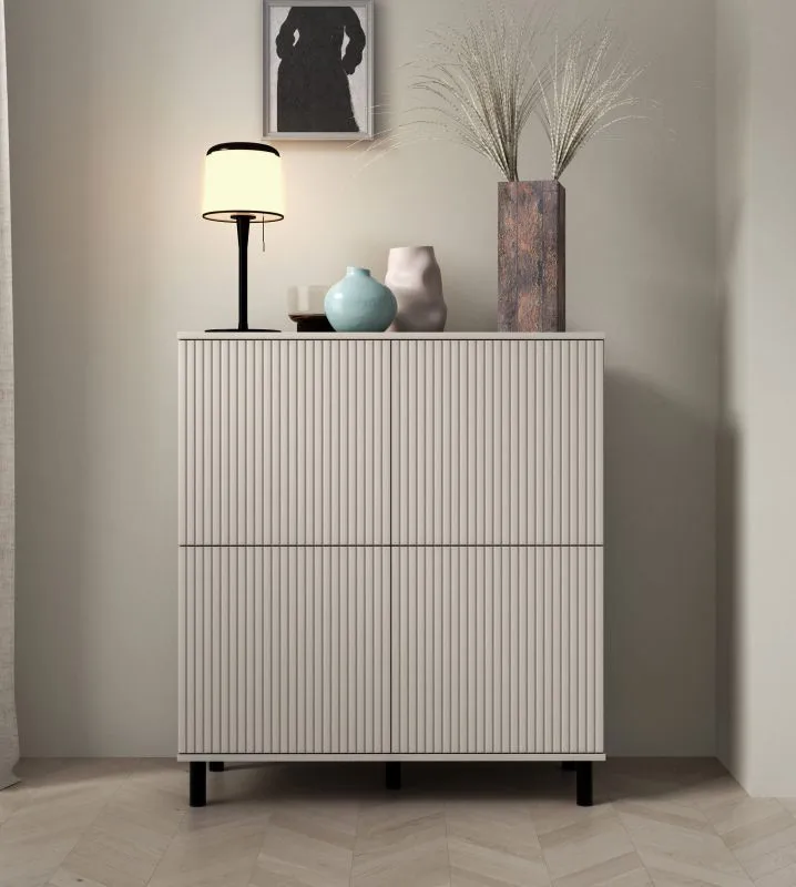 Kommode | 4 Drehtüren | Push-to-open Funktion | Kaschmir | hochwertige Verarbeitung | 8 Fächer | Maße: 100 x 40 x 112 cm | Lamellen Front | für Wohnzimmer