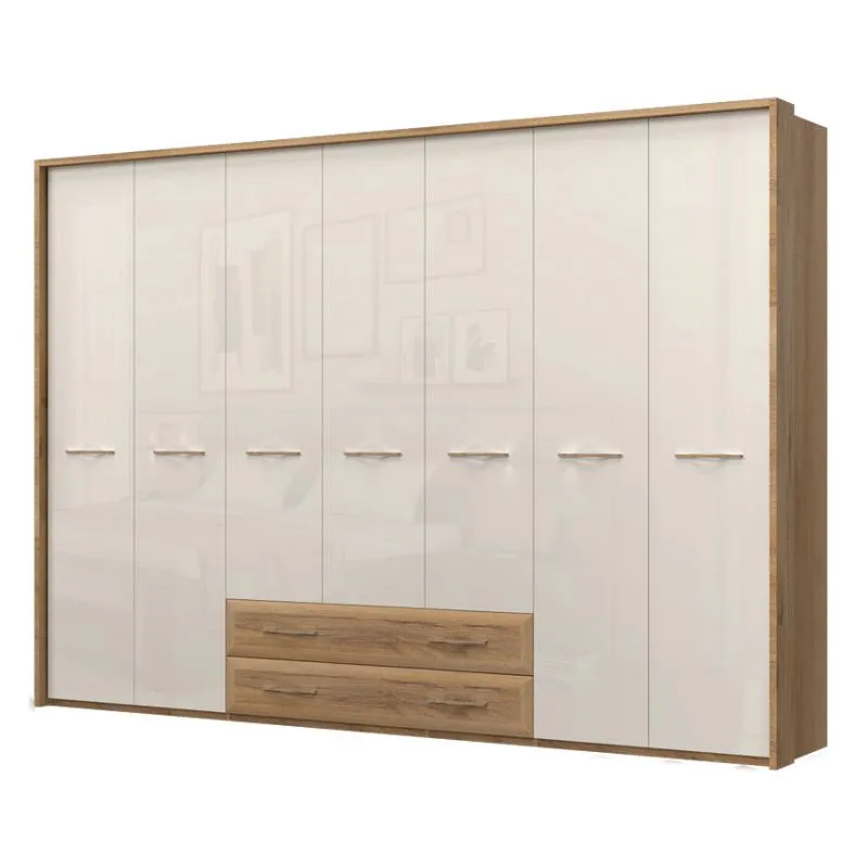 272 cm breiter Kleiderschrank mit 7 Türen, 8 Fächern und 2 Schubladen | Farbe: Beige | Tiefe: 56 cm Abbildung