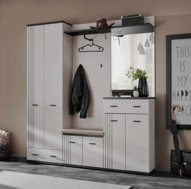 Garderobe mit Kleiderschrank | Farbe: Kaschmir / Schwarz | mit Sitzgelegenheit | 2 Kleiderstangen | Maße: 120 x 32 x 203 cm | 2 Haken | Spiegel