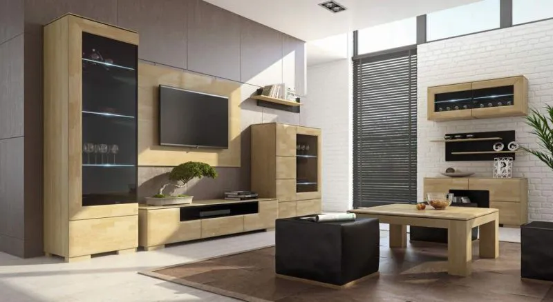 Wohnzimmer-Einrichtung Wohnzimmer Komplett - Set K Lipik, 12-teilig, teilmassiv, Farbe: Eiche / Schwarz Abbildung