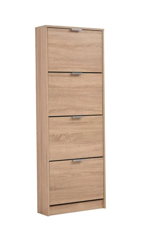 Hoher Schuhschrank Veliko 04, Farbe: Eiche Sonoma, vier Kipptüren, ABS-Kanten, schmaler Schuhschrank, Maße: 155,5 x 58 x 18 cm, für den Vorraum