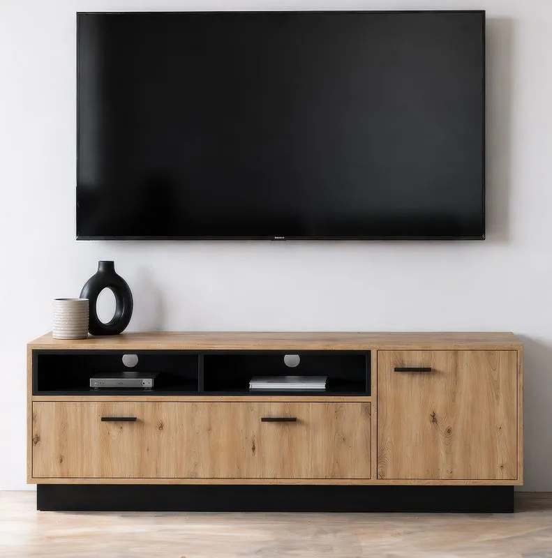 TV-Unterschrank Kelvizo | Farbe: Eiche Artisan / Anthrazit | 200 x 42 x 53,5 cm| 5 Fächer | 1 Tür | 1 große Kipptür | TV-Möbel| Stabil & Langlebig
