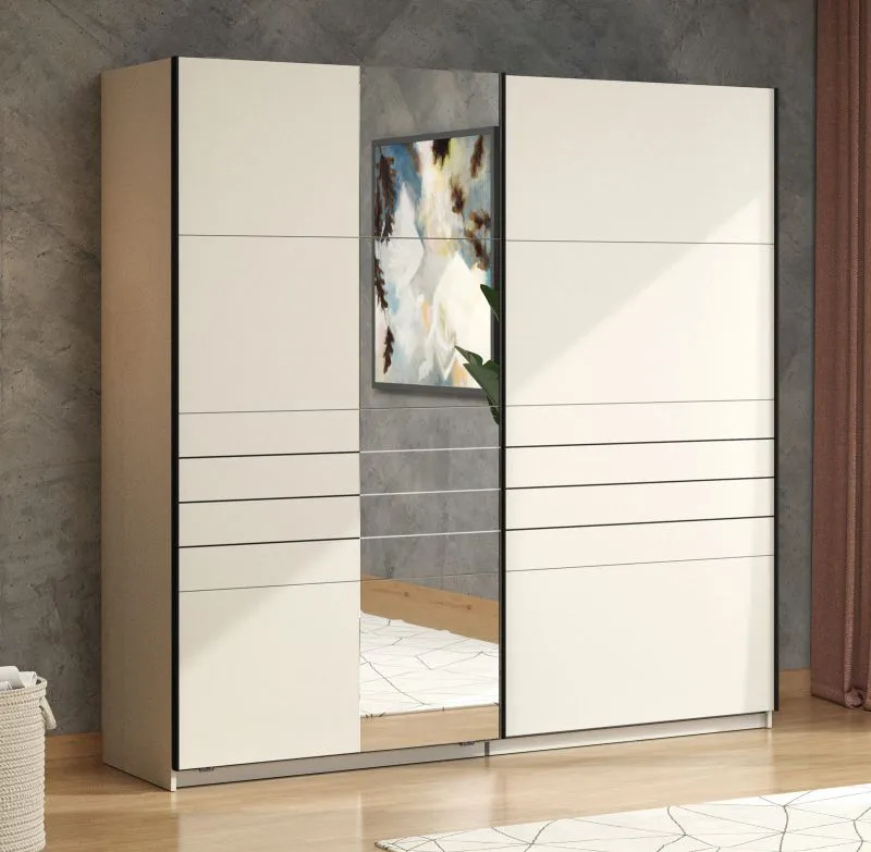 Kleiderschrank | Farbe: Kaschmir | breit | 1 Spiegeltür | Schiebetürenschrank | Maße: 220 x 61 x 217,5 cm | ABS-Kanten | 2 Kleiderstangen | 2 Fächer