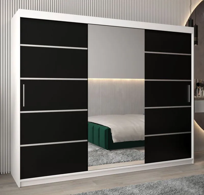 Schiebetürenschrank / Kleiderschrank Jan 06B mit Spiegel, Farbe: Weiß matt / Schwarz - Abmessungen: 200 x 250 x 62 cm ( H x B x T)