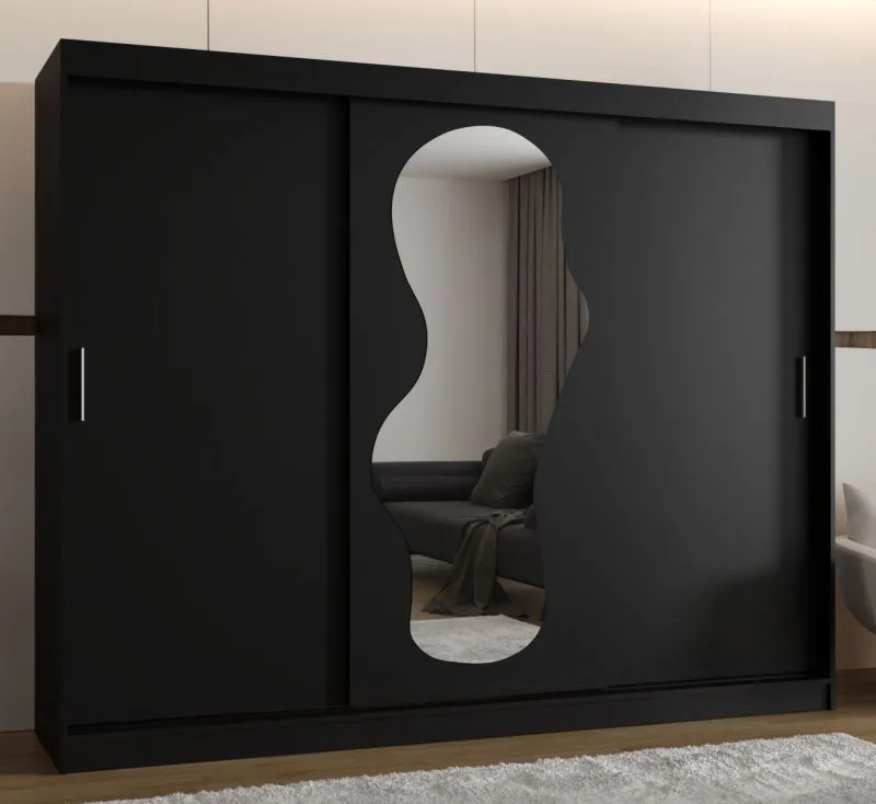 Kleiderschrank / Schiebetürenschrank Lagginhorn 23, Farbe: Schwarz, eine Spiegeltür, 2,5 Meter breit, 10 Fächer, Aluminiumschienen, zwei Kleiderstangen
