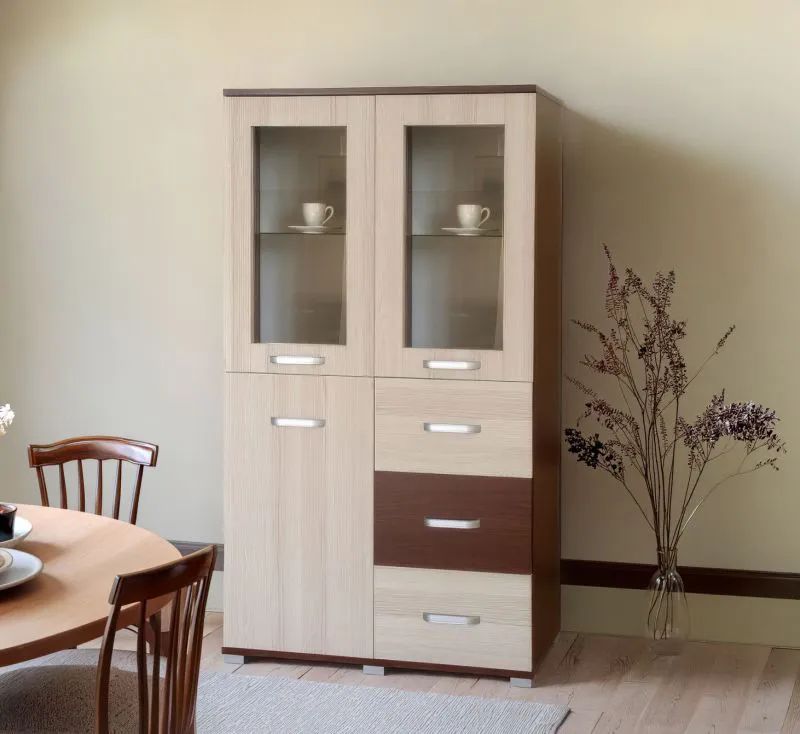 Vitrine Cikupa 26, Farbe: Nuss / Ulme - Abmessungen: 190 x 90 x 40 cm (H x B x T)