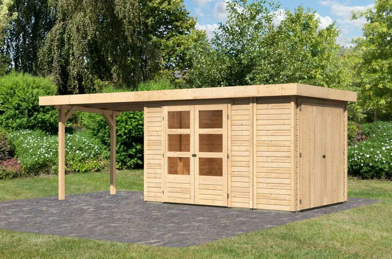 Gartenhaus SET mit Anbauschrank, Farbe: Natur, Schleppdach 2,8 m Breite, Grundfläche: 6,71 m²