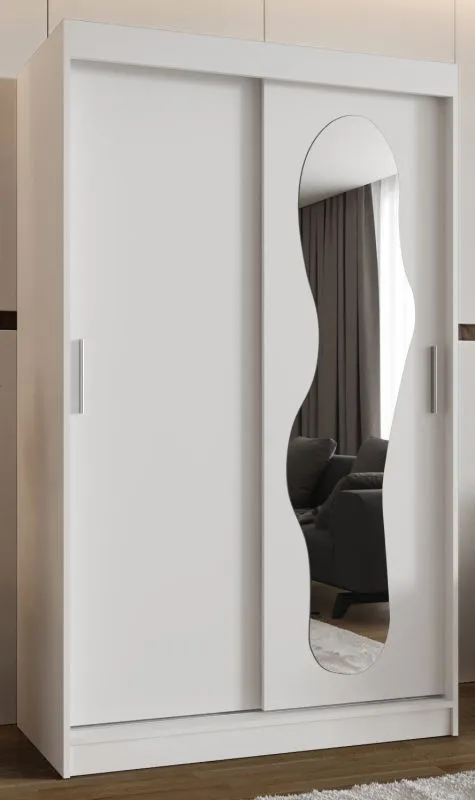 Schiebetürenschrank Lagginhorn 06, Farbe: Weiß, 1,2 Meter breit, Aluminiumschienen, eine Spiegeltür, Kleiderschrank, fünf Fächer, zwei Kleiderstangen