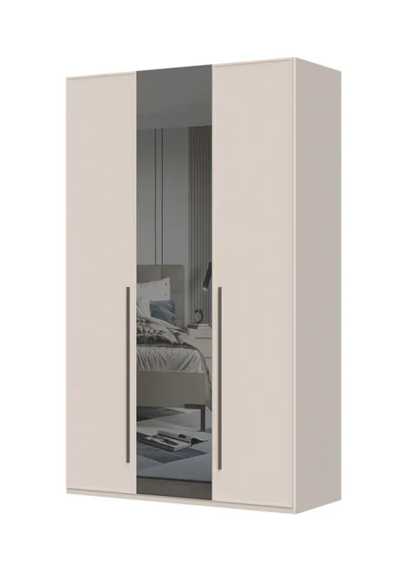 Drehtürenschrank mit einer Spiegeltür Neiafu 05, Soft-Close-System, Farbe: Kaschmir, zwei Kleiderstangen, sechs Einlegeböden, Maße: 224 x 137 x 56 cm