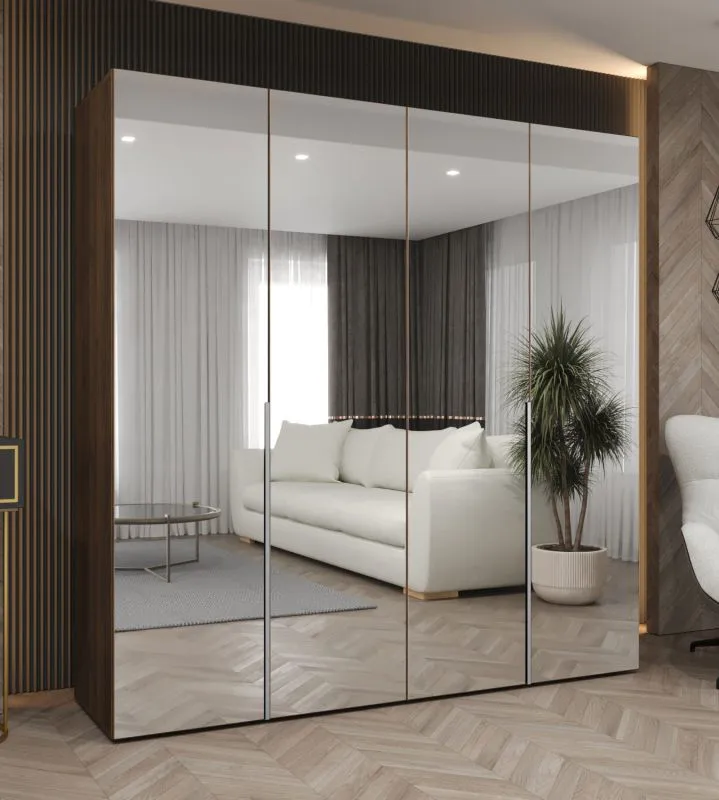 Drehtürenschrank mit 1,5 Meter breite | Farbe: Walnuss | drei Spiegeltüren | Griffe: Silber | Soft-Close-Funktion | zwei Fächer | zwei Kleiderstangen