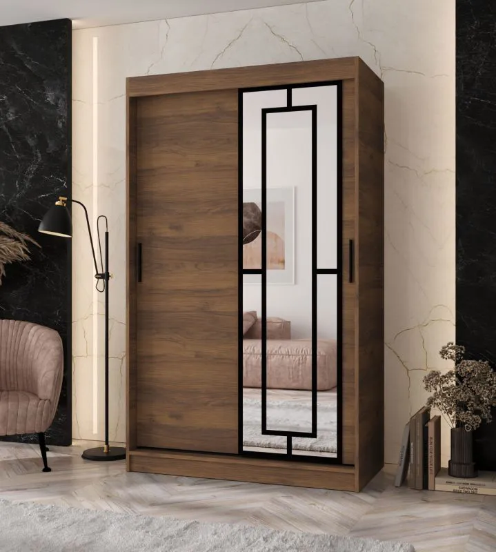 Kleiderschrank / Schiebetürenschrank | Farbe: Walnuss Warmia | 5 Fächer | 2 Kleiderstangen | hochwertig Verarbeitet | 120 x 62 x 200 cm | dekorative Spiegeltür