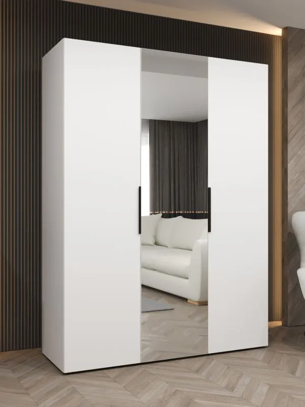 Kleiderschrank / Drehtürenschrank Korab 69, Farbe: Weiß, eine Spiegeltür, zwei Kleiderstangen, 1,5 Meter breit, Griffe: Schwarz, zwei Fächer, Soft-Close-Funktion