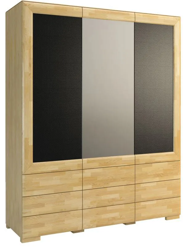 Kleiderschrank | 3 Drehtüren | 3 Schubladen | 8 Fächer | mit Kleiderstange | 182 cm breit | Eiche teilmassiv | Farbe: Eiche / Schwarz Abbildung