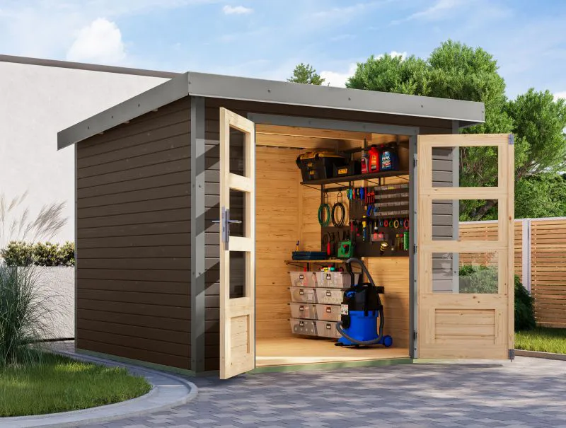 Gartenhaus aus Holz, Fichte terragrau, graualuminium Trapezblechdach, stahlverstärkte Ecken, Zylinderschloss, langlebig und wartungsarm, 2,38×2,42 m